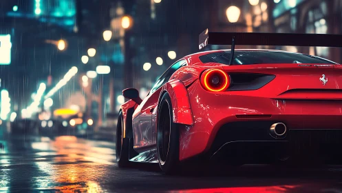 Red sports car on wet neon city street at night.