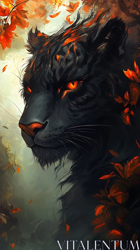 Fiery Lion: Black Beast with Burning Eyes and Autumn Leaves.