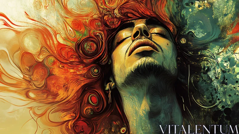 Surreal male portrait with swirling abstract color patterns.