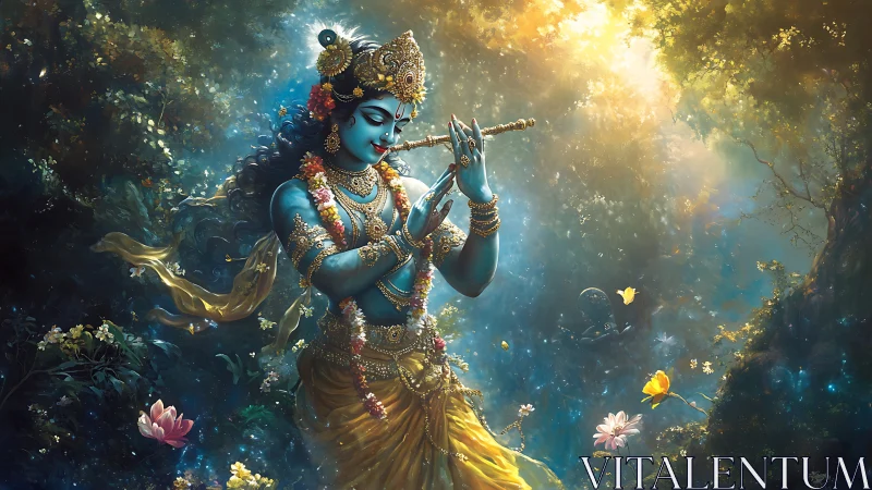 Blue-skinned deity plays flute in glowing forest scene.