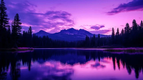 Peaceful purple sunset over a calm forest lake.