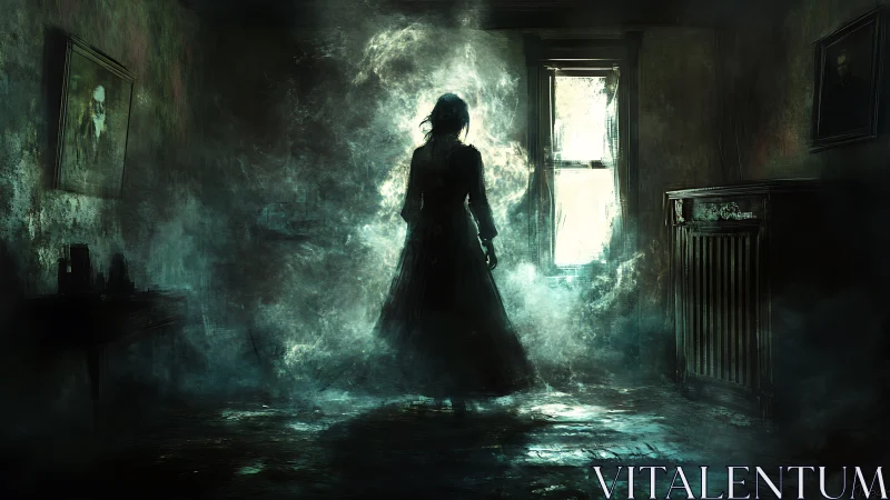 Silhouetted figure in decayed room with dense swirling mist.
