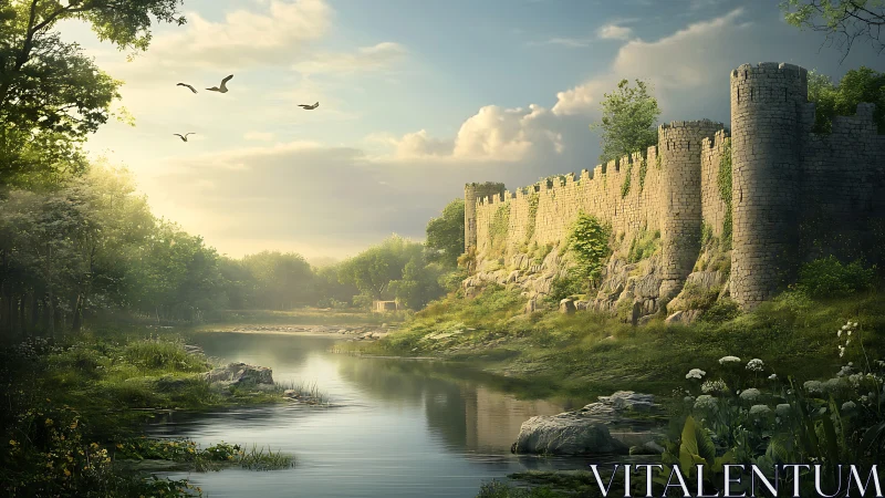 Golden evening light gently embraces a quiet riverside castle