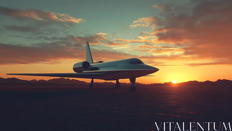Supersonic business jet rendered against low sun desert horizon