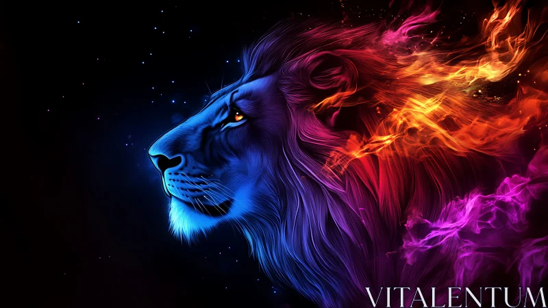 Neon lion profile with multicolor flame mane on black space.