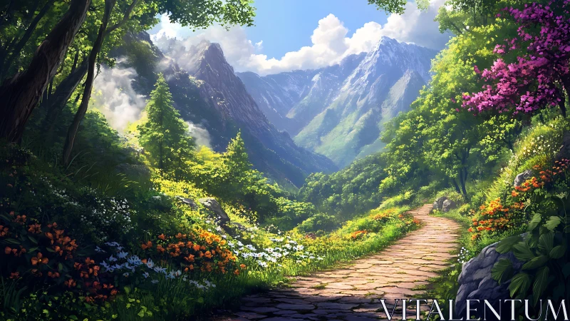 Sunlit mountain path invites a gentle walk through wildflowers