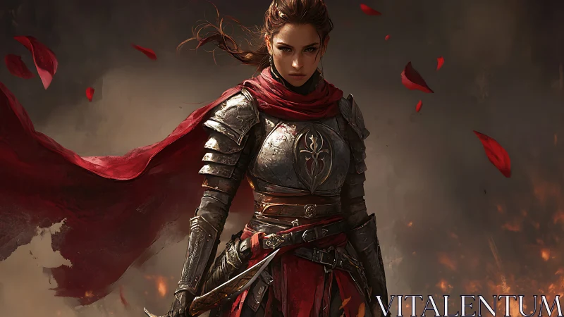 Battle-scarred warrior strides through embers and falling petals