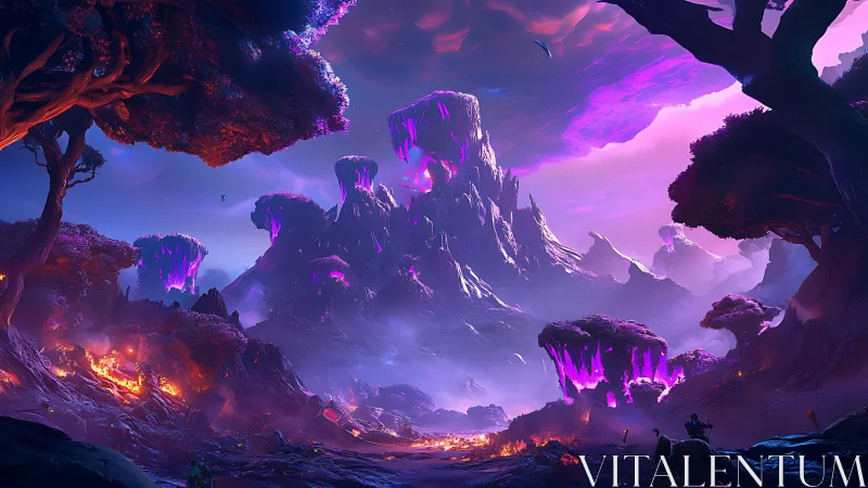 Alien mountain valley with glowing purple forests.