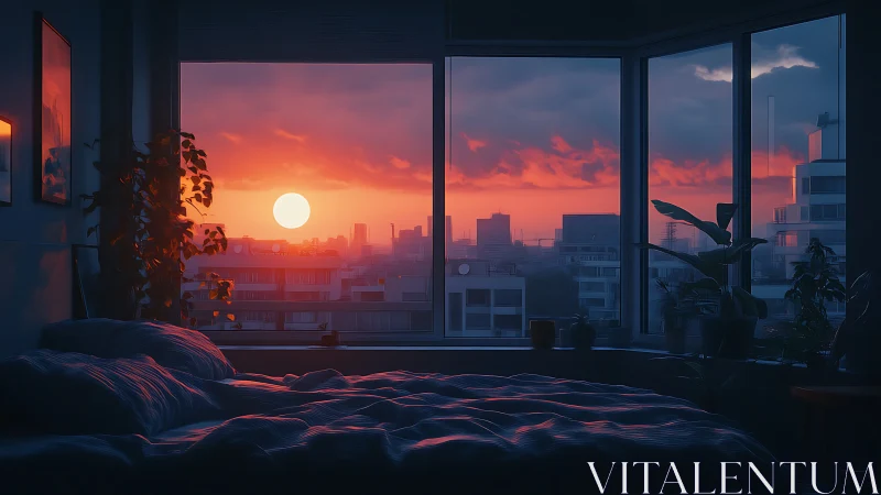 Interior bedroom scene overlooks urban sunset skyline