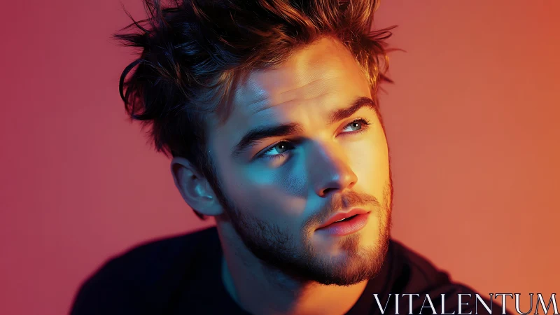 Dramatic male portrait under neon blue and orange light.