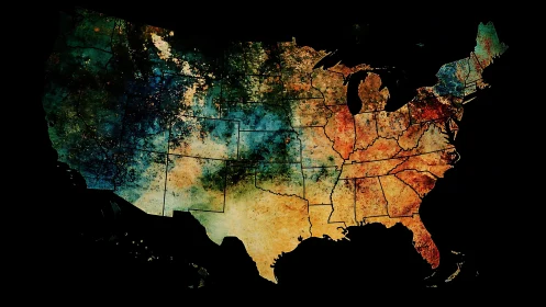 Color-washed United States map glows softly against black