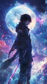 Lone anime swordsman under glowing full moon sky.