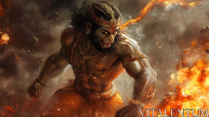 Mythic warrior strides through fire with blazing ferocity