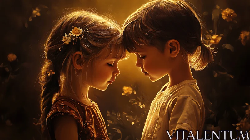 Two Children in Golden Light. Digital Illustration.