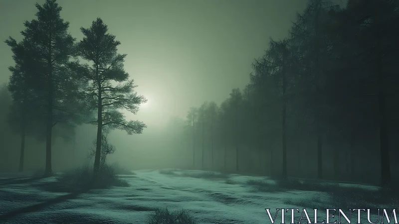Moonlit hush over frostbitten pines in emerald fog.