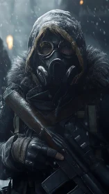 Frostbitten sentinel waits beneath stormlit winter ruins