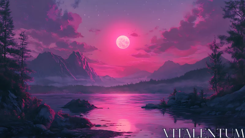 Luminous magenta moonrise over dreamy mountain lake hush.