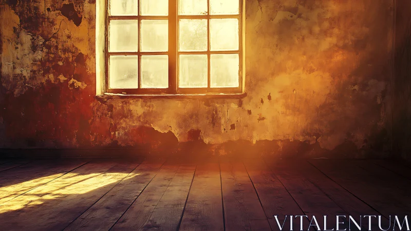 Sunlit quiet room where worn walls glow with golden dust.