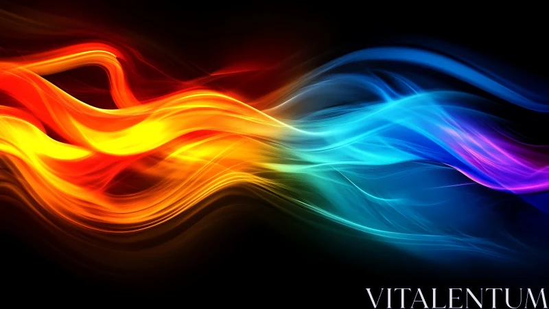 Digital painting of flowing prismatic light waves on black ground.