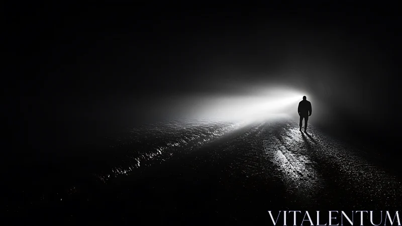 Solitary human figure on dark road toward distant light.