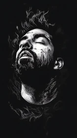 Monochrome vector portrait of exalted head in fluid motion.