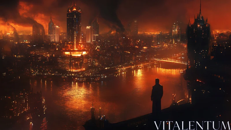 Lone dreamer watching a fiery neon city ignite the night.