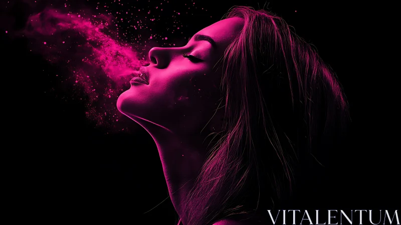 Side profile portrait with neon magenta particle breath.