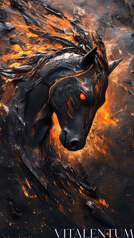 Molten black horse head emerging from fragmented lava field.