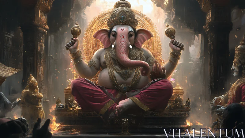 Digital painting of majestic Ganesha on ornate throne in temple.