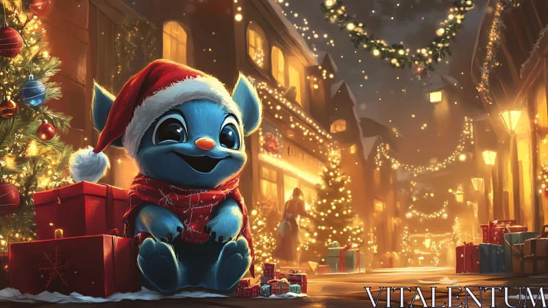 Joyful blue creature celebrates a cozy, glowing Christmas street