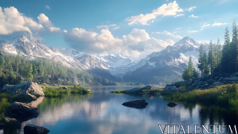 Snowcapped alpine peaks mirrored in tranquil mountain lake.