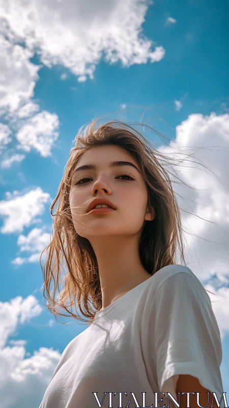 Low-angle portrait under cumulus sky with natural soft lighting