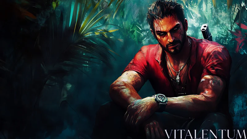 Battle-hardened man resting in tense jungle clearing.