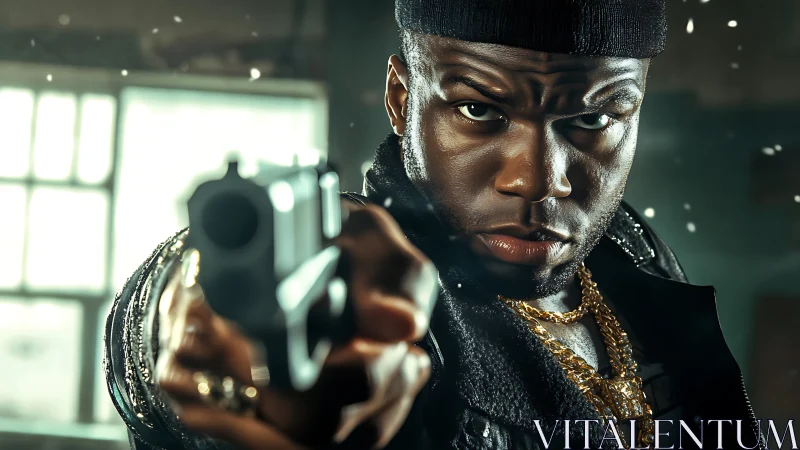 Close view of man aiming handgun with intense expression.