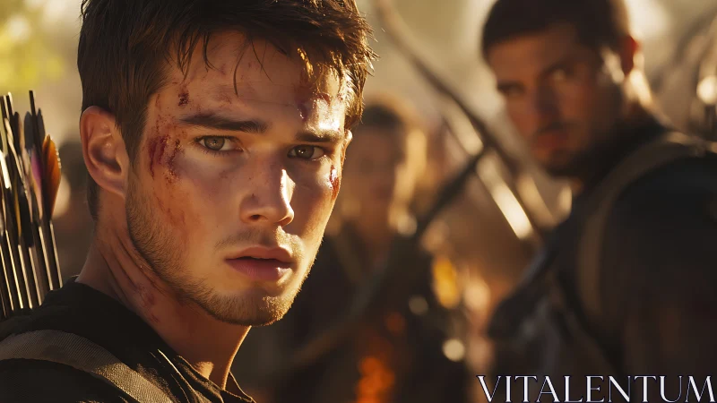 Battle-worn archer in shallow depth-of-field cinematic portrait