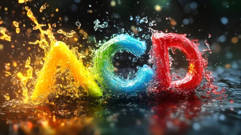Vibrant liquid splash letters A, C, and D in dynamic 3D style.