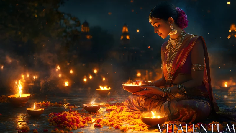 Woman in traditional attire lights Diwali oil lamps at night