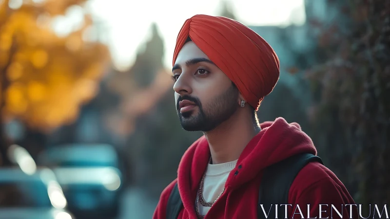 Portrait of young man in red turban walking outdoors.