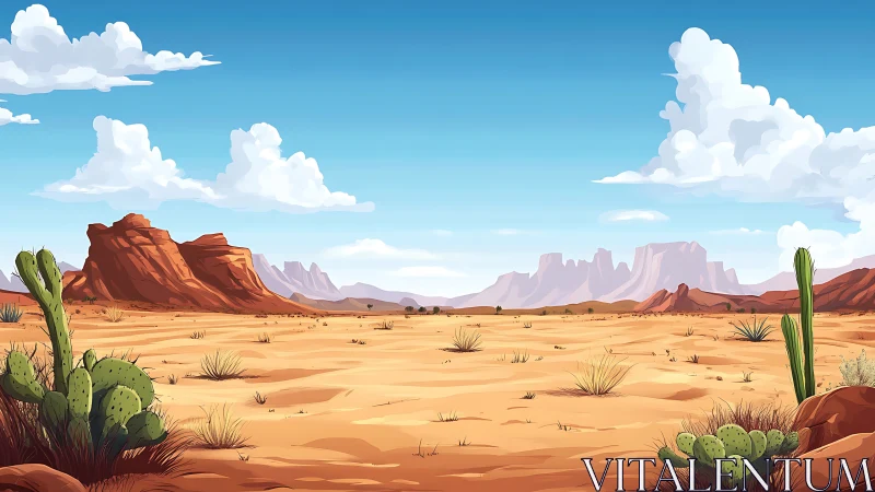 Sunny desert plain with cacti and distant red rock mesas.