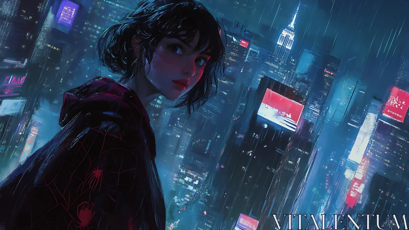 Neon rain drapes a hooded heroine above electric skyline.