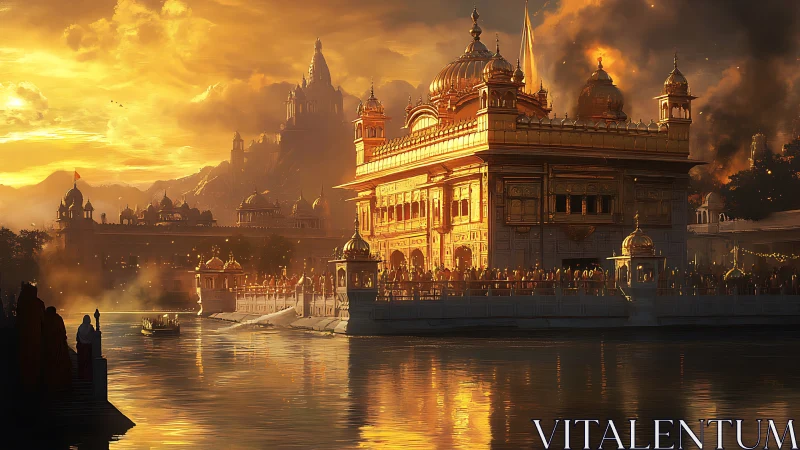 Golden temple-like riverside palace glows in sunset light
