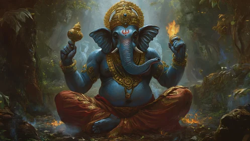 Blue elephant-headed deity seated in ornate forest setting.