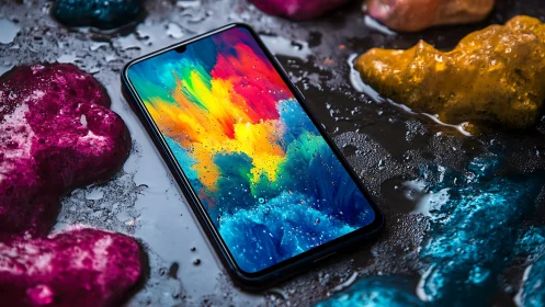 Smartphone with vivid abstract display on wet surface.