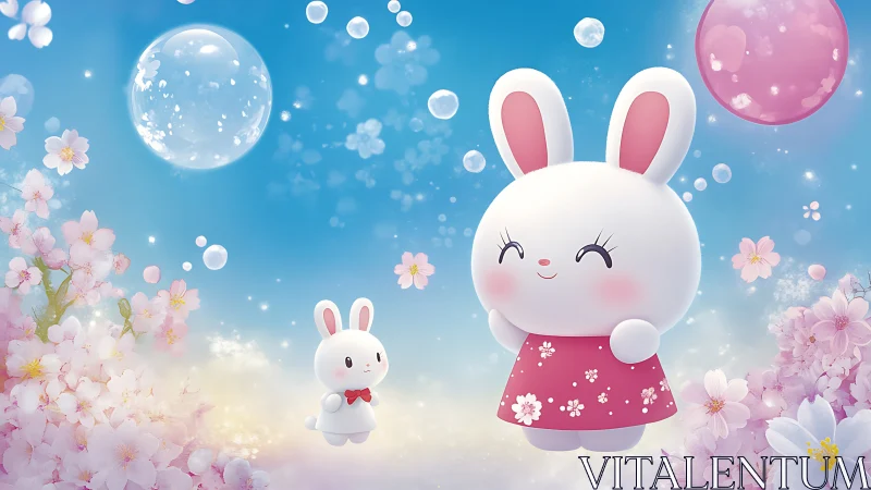 Cartoon rabbits in floral landscape with bubbles under sky.