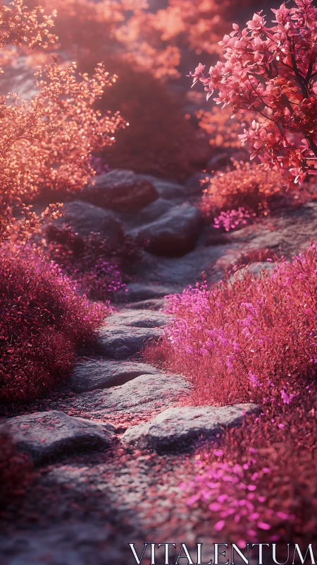 Stone garden path under dense pink and red foliage.