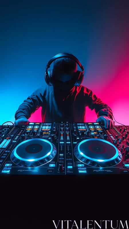 DJ lost in neon lights, guiding the night’s pulsing beat.