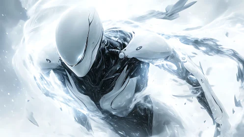 Futuristic chrome exosuit accelerates through liquid energy field