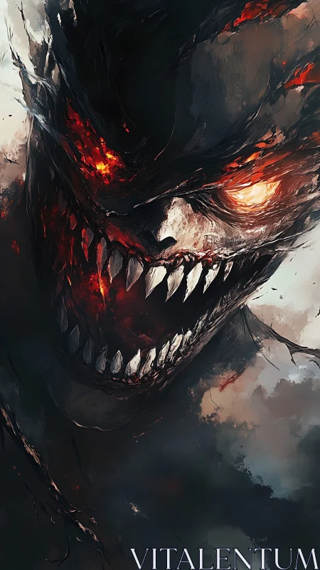 Demonic entity portrait with molten eyes and serrated jaws