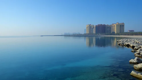 Coastal skyline with calm bay waters and rocky shoreline.