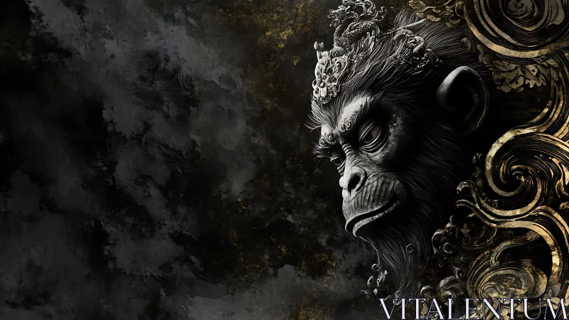 Regal monkey spirit emerging from swirling golden shadows.